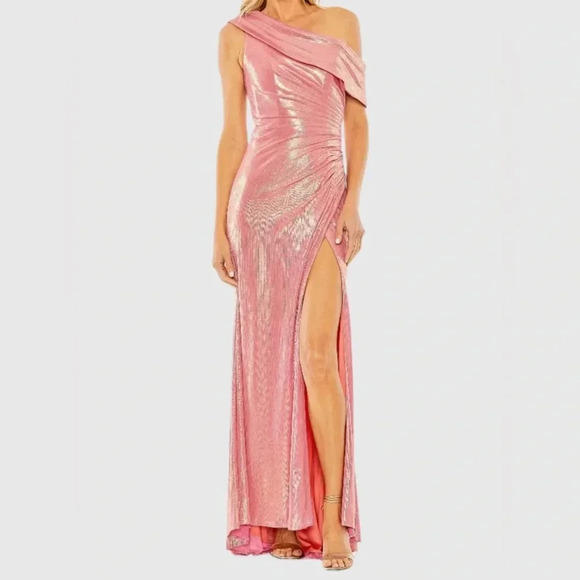 Mac Duggal 27152 | Off The Shoulder Ruched Waist Slit Metallic Gown | Women’s 12 - Picture 1 of 10
